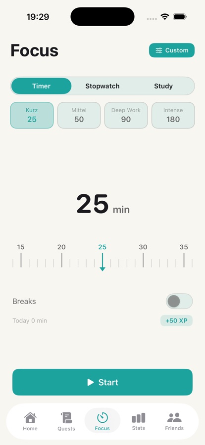 Real FocusQuest focus timer screen