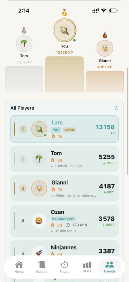 Real FocusQuest friends leaderboard screen