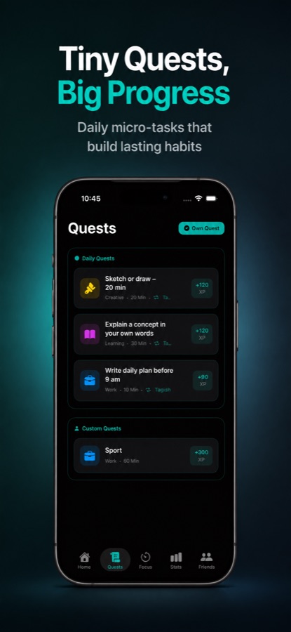 Quests screen with XP rewards