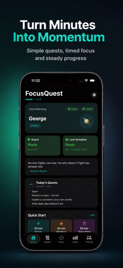 FocusQuest home screen showing today's quests, streak and quick-start timers